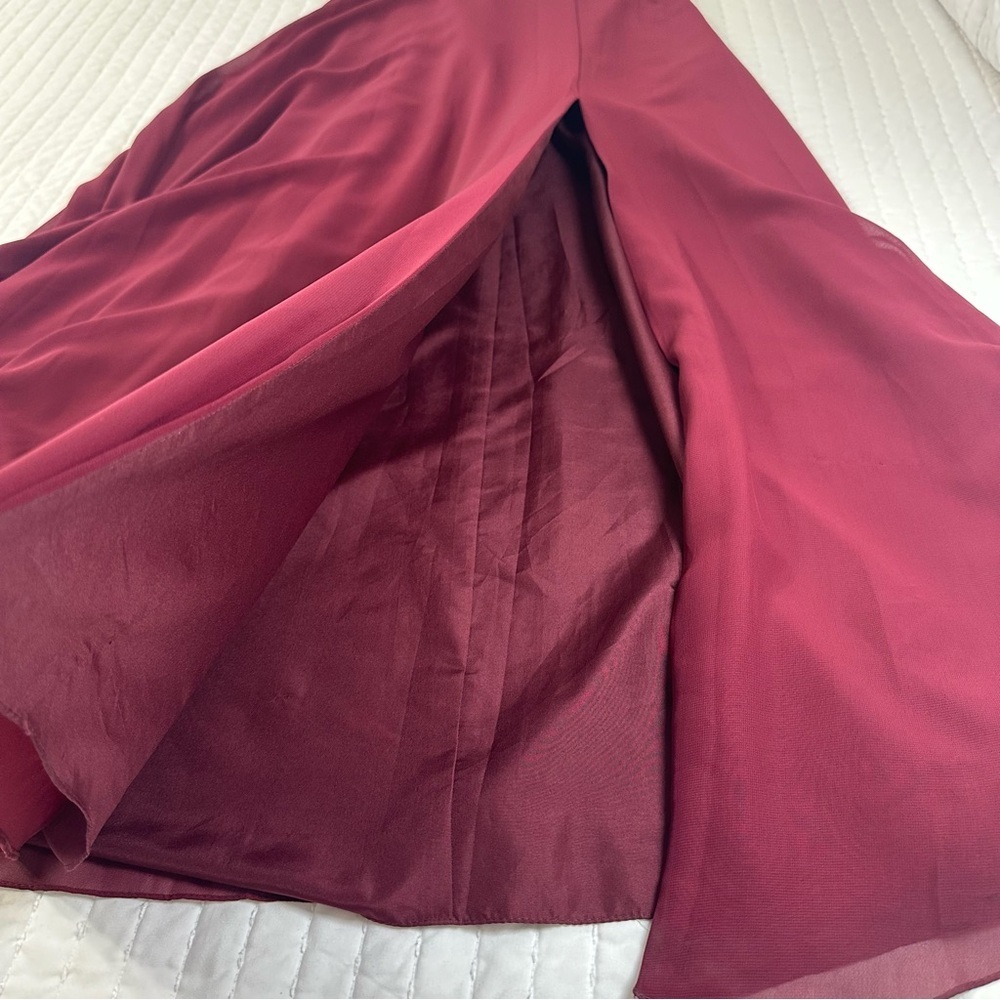 JJ HOUSE Floor Length Bridesmaid Gown in Burgundy With Slit And Low Back Size 0 - Picture 6 of 16